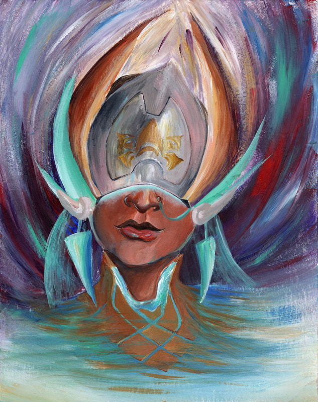 Portrait of Symmetra from Overwatch, surrounded by swirling color. Done with Acrylic paint. 