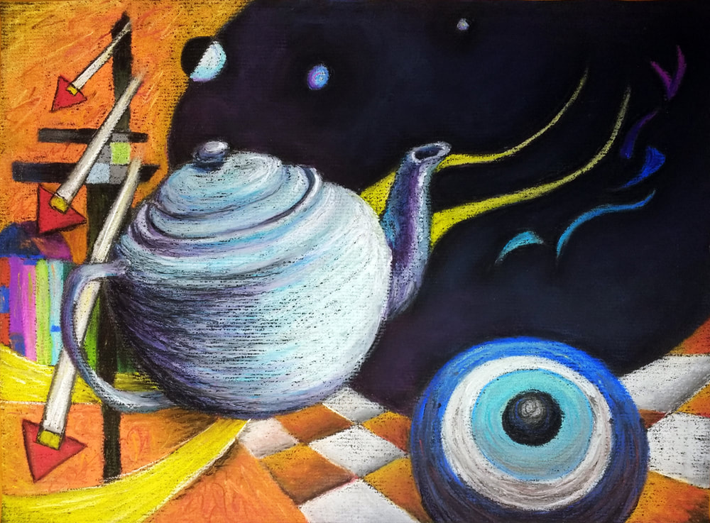 Kandinsky inspired pastel drawing of a teapot sitting on the edge of a checkerboard background, seemingly gazing out on a dark void that has a few leading swirls of color. 