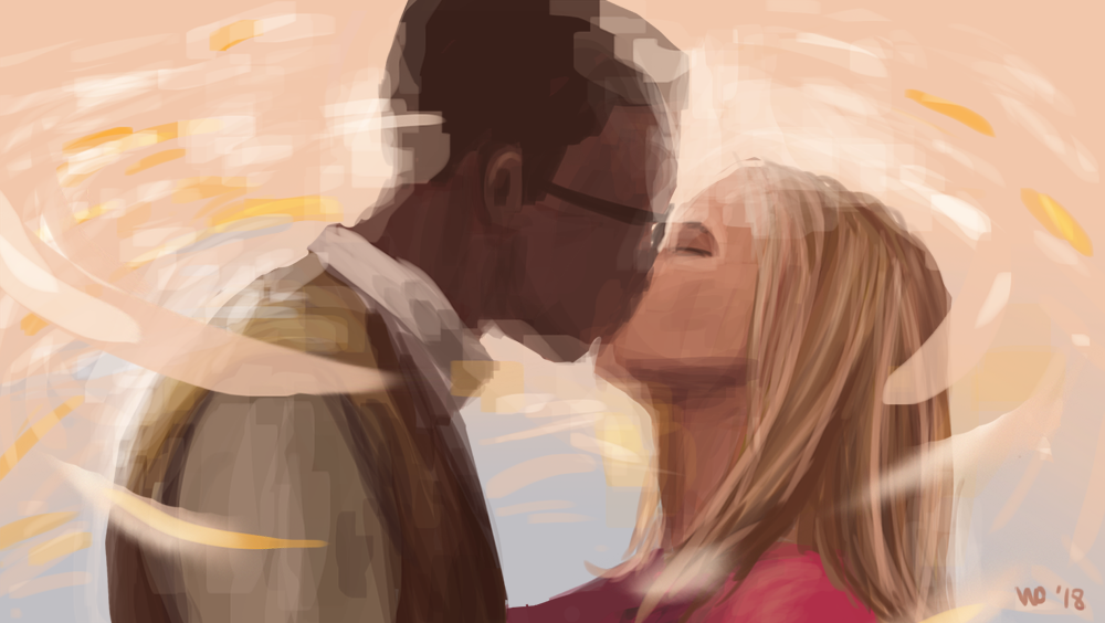 A painting done in Photoshop of Chidi and Eleanor kissing surrounded by swirling light, from The Good Place episode "Janets." 