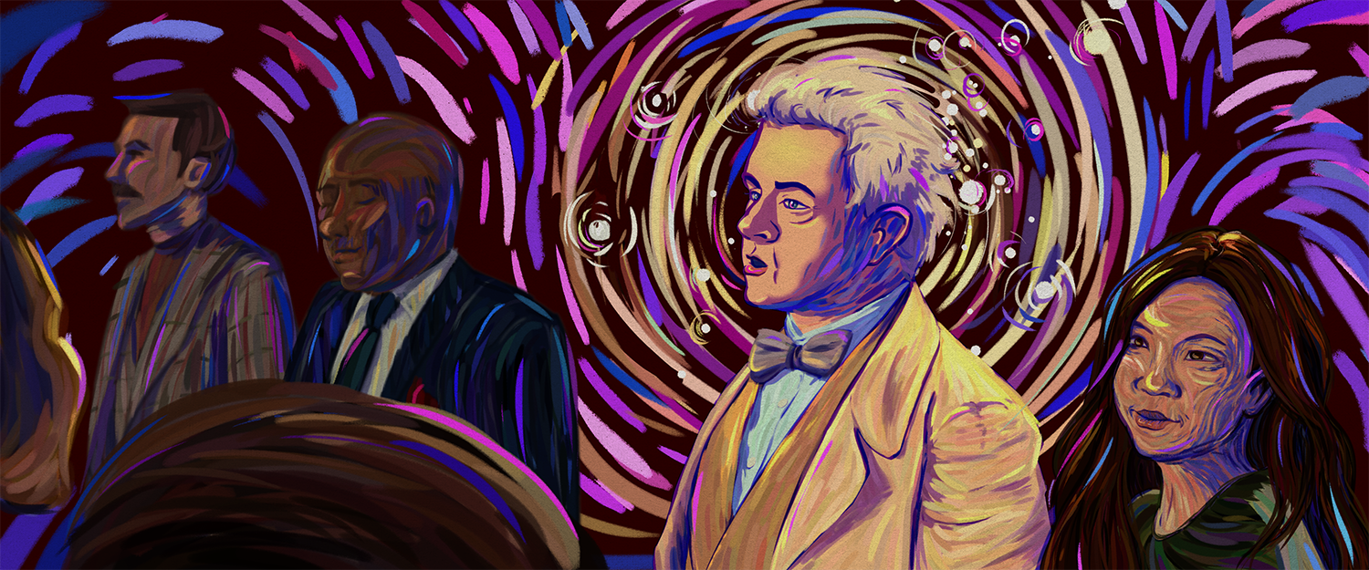Aziraphale and various Whickber Street vendors during the bookshop dance scene from Good Omens Season 2. Everything is in an impressionistic swirl except for Aziraphale's face. 