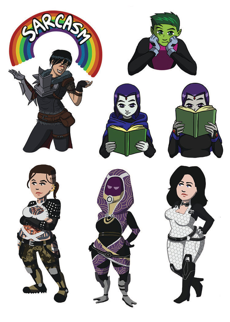 Simple character stickers of Hawke from Dragon Age; Beast Boy and Raven from Teen Titans; and and Jack, Tali, and Miranda from Mass Effect. 