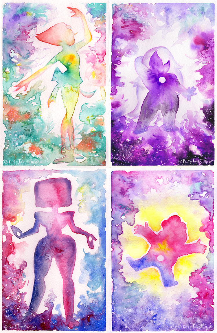 Silhouettes of the main characters from Steven Universe, done in watercolor. 
